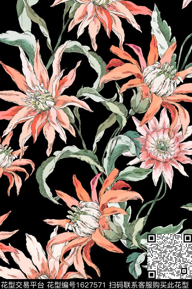 大花黑底花卉花卉数码印花花型下载（图片编号: 1627571） - 瓦栏（Walan）