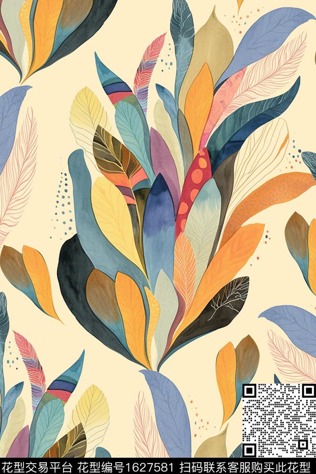 叶子水彩绿植树叶数码印花花型下载（图片编号: 1627581） - 瓦栏（Walan）