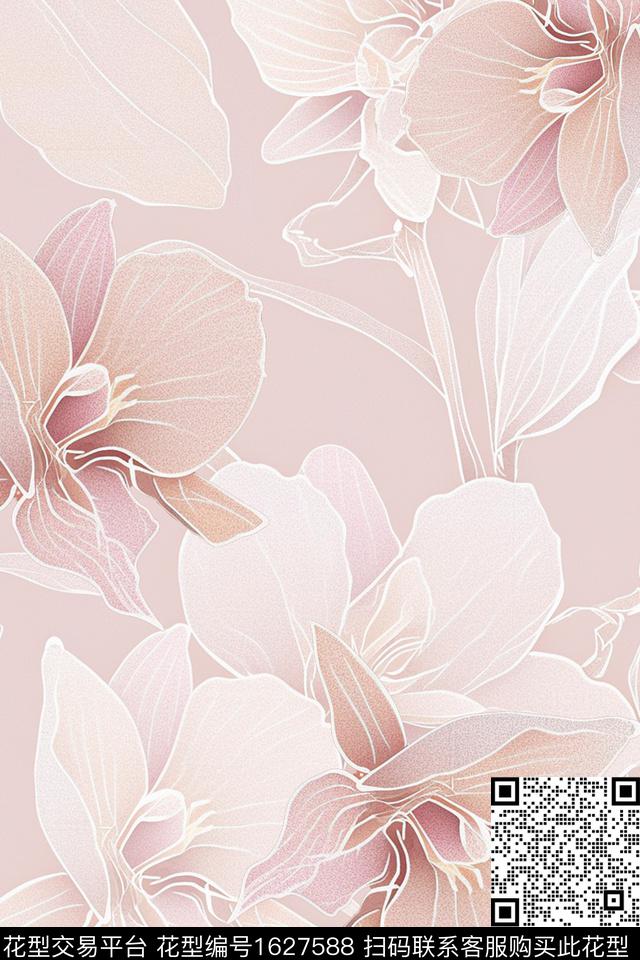 线条花花卉春夏花型数码印花花型下载（图片编号: 1627588） - 瓦栏（Walan）