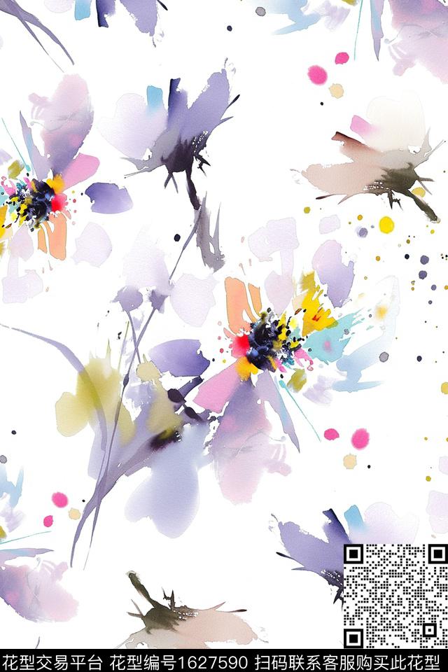 花卉水彩花卉抽象花卉数码印花花型下载（图片编号: 1627590） - 瓦栏（Walan）