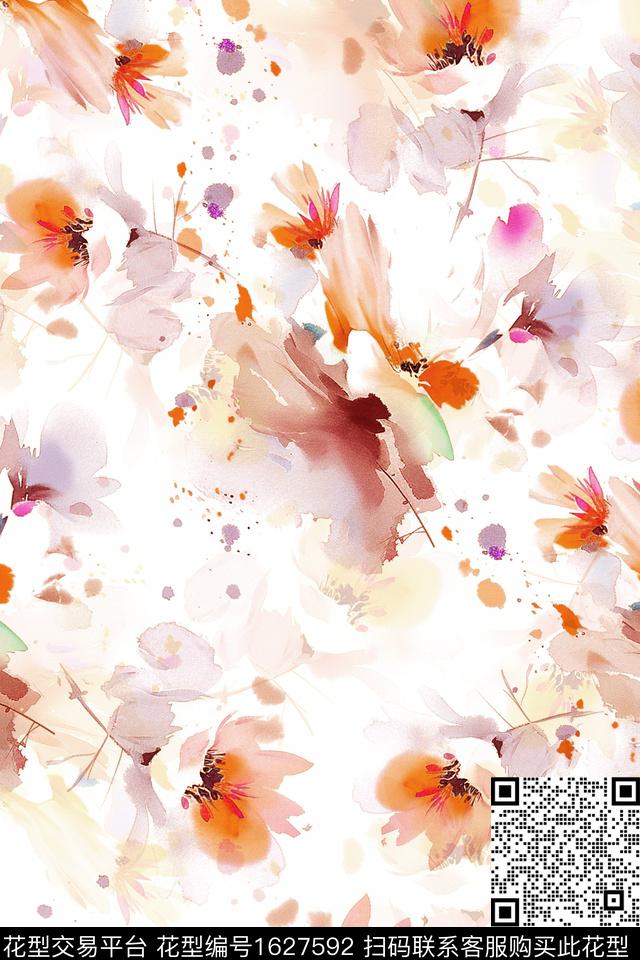 花卉水彩花卉抽象花卉数码印花花型下载（图片编号: 1627592） - 瓦栏（Walan）