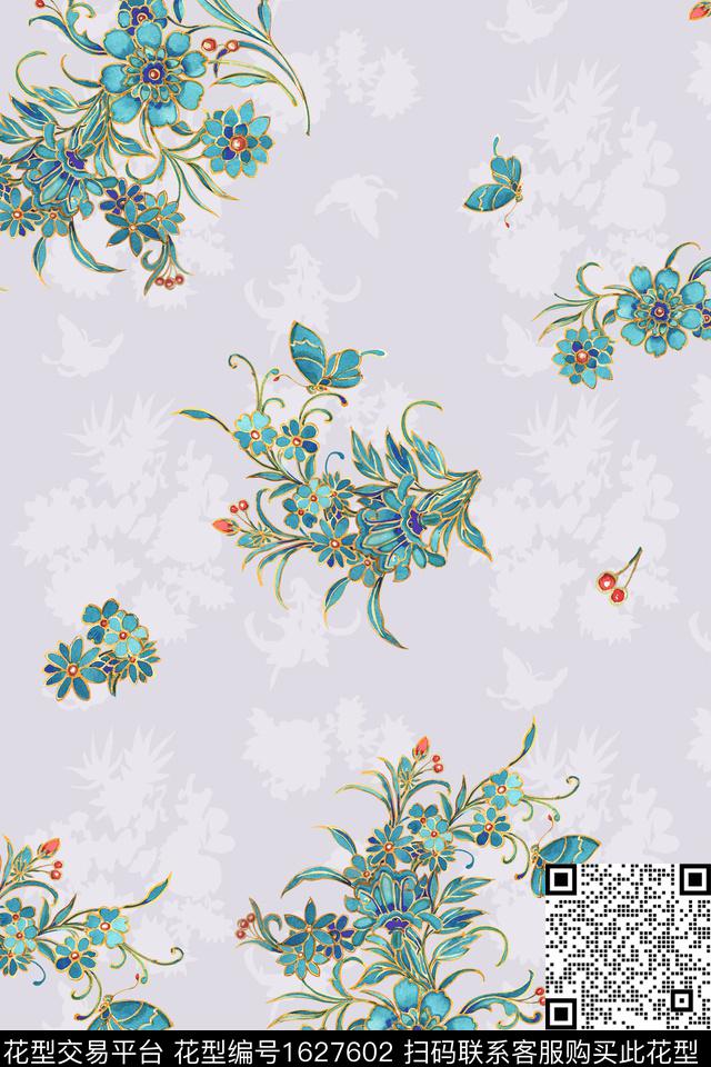 影花中国风国画数码印花花型下载（图片编号: 1627602） - 瓦栏（Walan）