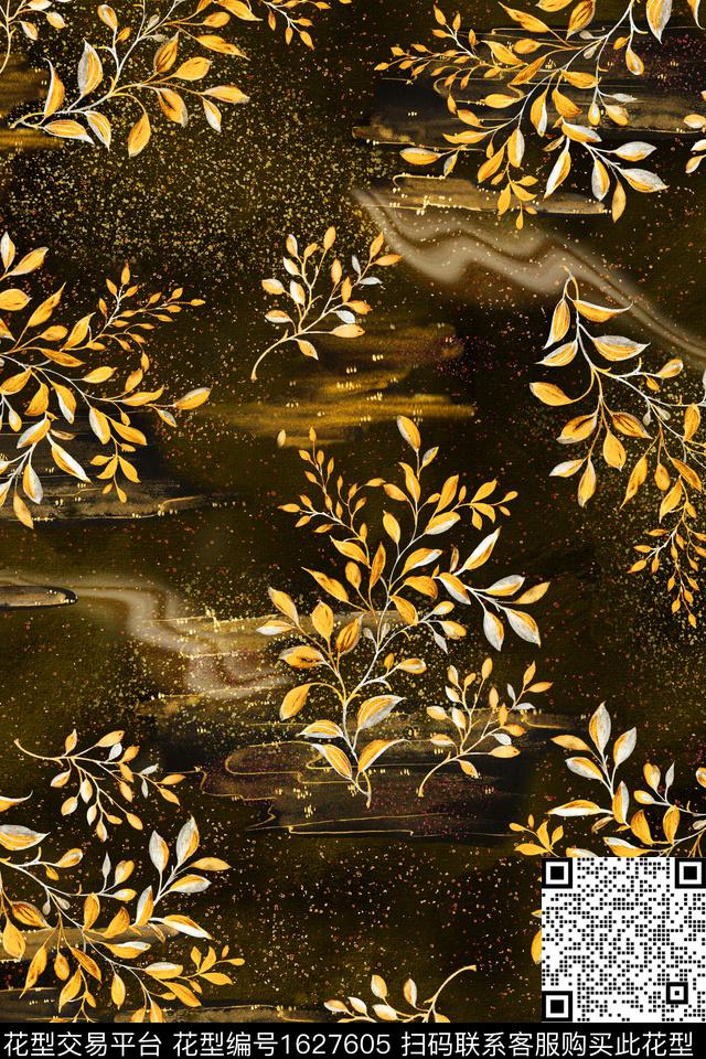 中国风奢华黑底花卉数码印花花型下载（图片编号: 1627605） - 瓦栏（Walan）
