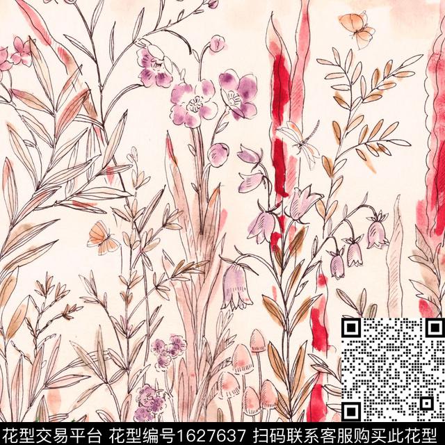 手绘方巾手绘花卉数码印花花型下载（图片编号: 1627637） - 瓦栏（Walan）