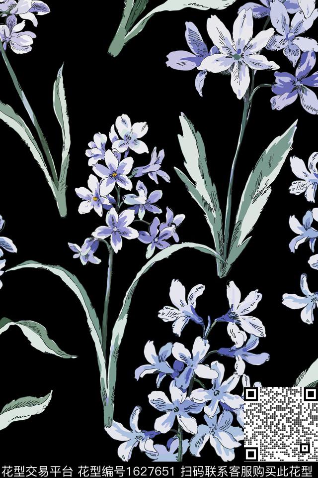 黑底花卉手绘花卉花卉数码印花花型下载（图片编号: 1627651） - 瓦栏（Walan）