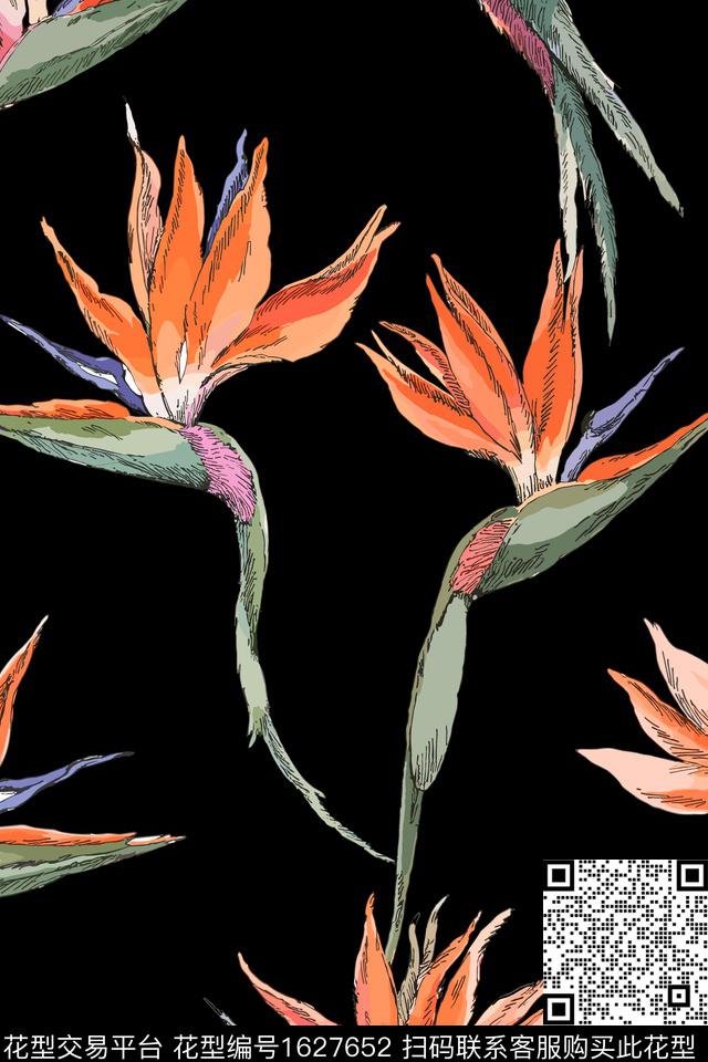 大花黑底花卉手绘大花数码印花花型下载（图片编号: 1627652） - 瓦栏（Walan）