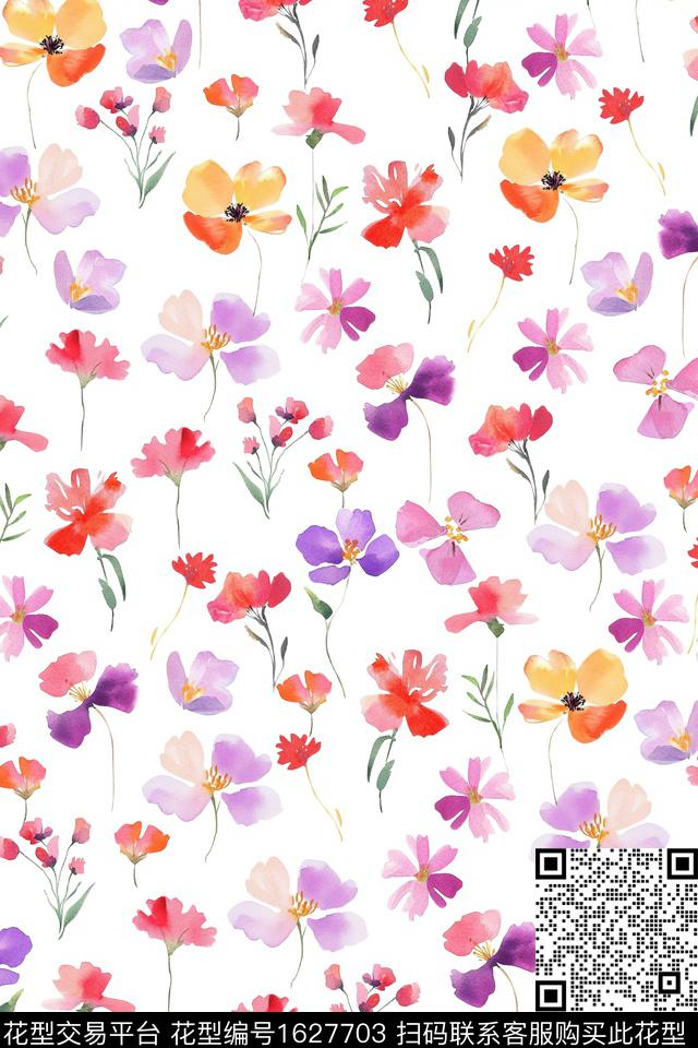 花卉水彩花卉白底花数码印花花型下载（图片编号: 1627703） - 瓦栏（Walan）