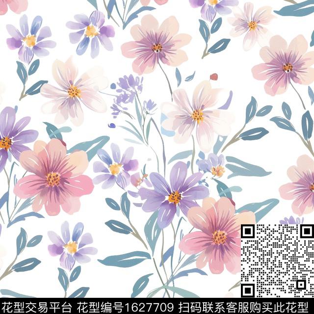 水彩花卉花卉白底花数码印花花型下载（图片编号: 1627709） - 瓦栏（Walan）