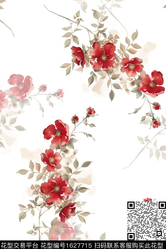 花卉水彩花卉白底花数码印花花型下载（图片编号: 1627715） - 瓦栏（Walan）