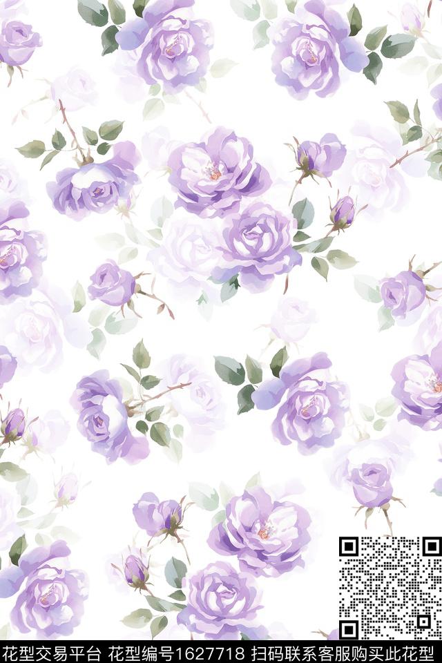 花卉水彩花卉白底花数码印花花型下载（图片编号: 1627718） - 瓦栏（Walan）