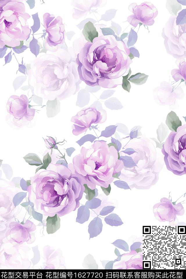 花卉水彩花卉白底花数码印花花型下载（图片编号: 1627720） - 瓦栏（Walan）