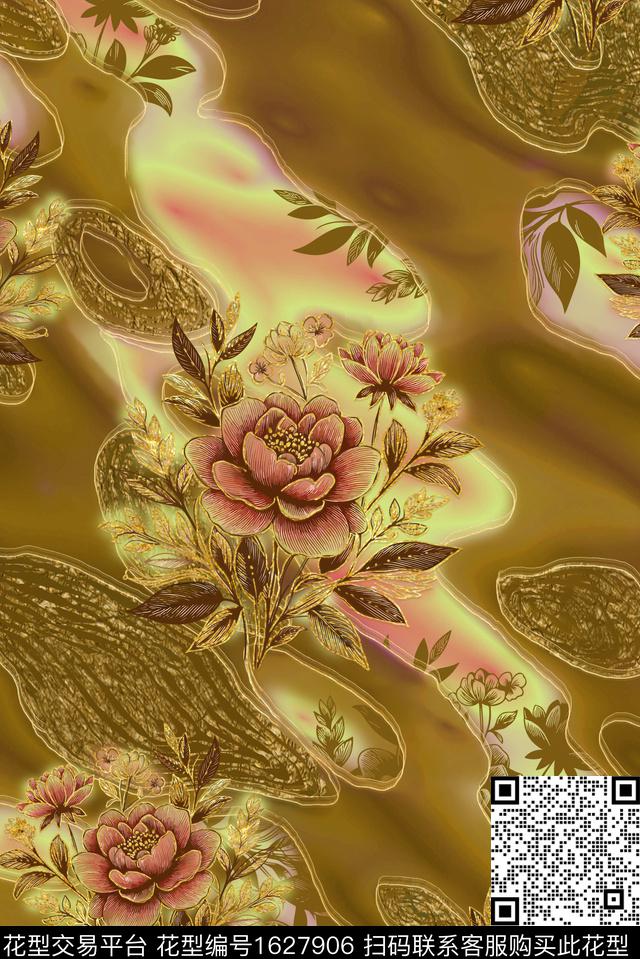 花卉渐变鎏金肌理数码印花花型下载（图片编号: 1627906） - 瓦栏（Walan）