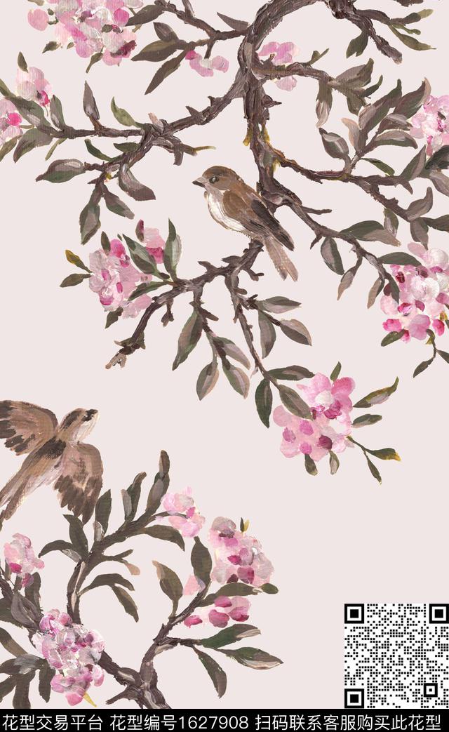 粉色手绘花卉花鸟数码印花花型下载（图片编号: 1627908） - 瓦栏（Walan）