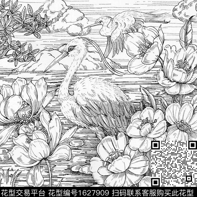 方巾素描黑白花型数码印花花型下载（图片编号: 1627909） - 瓦栏（Walan）
