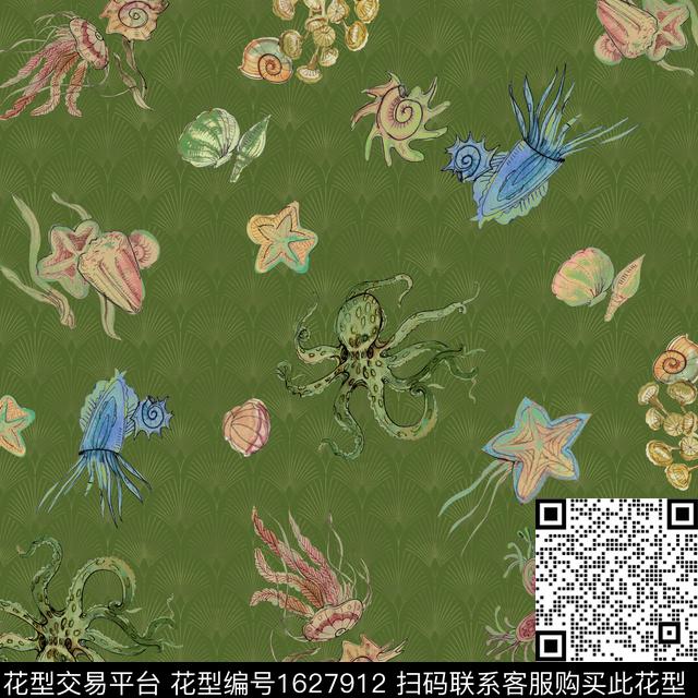 方巾水母海洋数码印花花型下载（图片编号: 1627912） - 瓦栏（Walan）