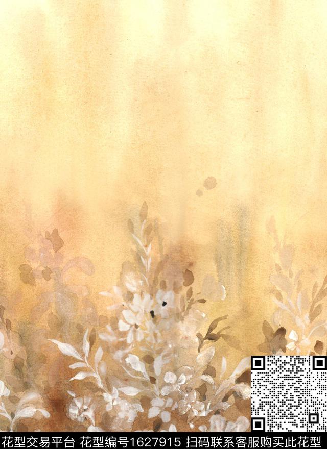 水彩手绘花卉双边定位花数码印花花型下载（图片编号: 1627915） - 瓦栏（Walan）