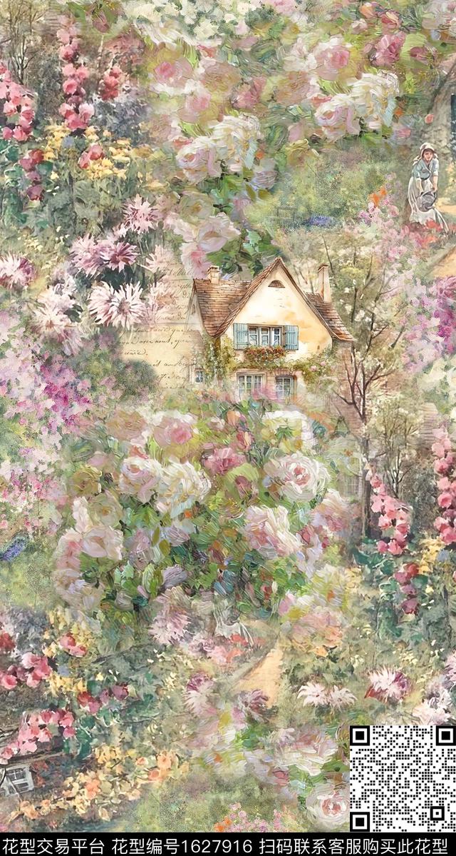 花卉水彩风景数码印花花型下载（图片编号: 1627916） - 瓦栏（Walan）