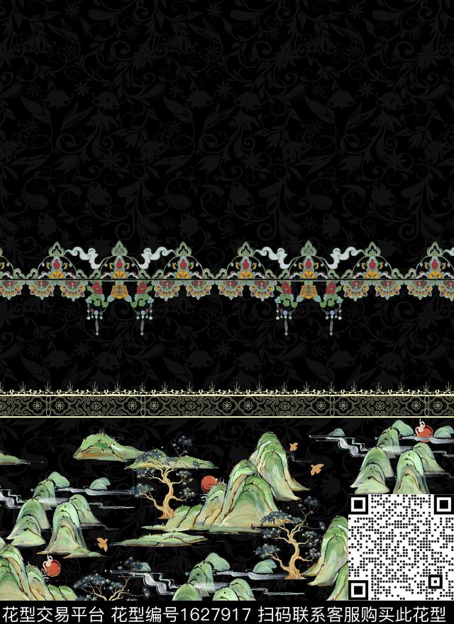 中国风定位花黑底花卉数码印花花型下载（图片编号: 1627917） - 瓦栏（Walan）
