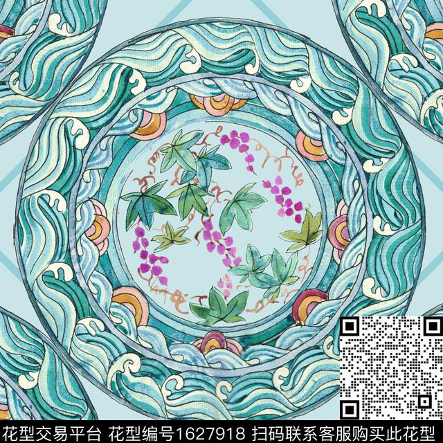 中国风海浪传统纹样数码印花花型下载（图片编号: 1627918） - 瓦栏（Walan）