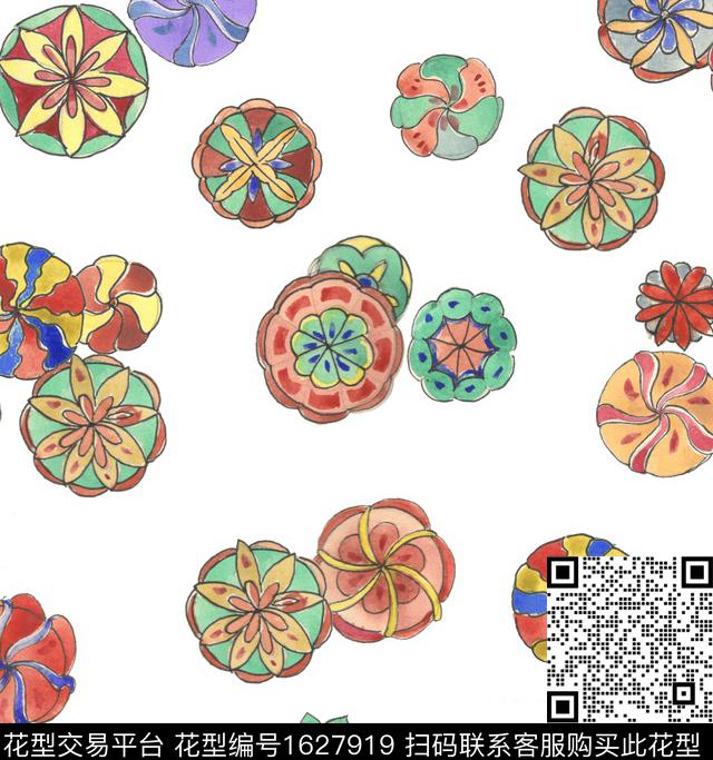 传统纹样国风皮球花数码印花花型下载（图片编号: 1627919） - 瓦栏（Walan）