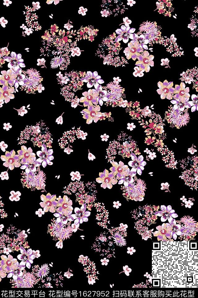 黑底花卉花卉中老年数码印花花型下载（图片编号: 1627952） - 瓦栏（Walan）
