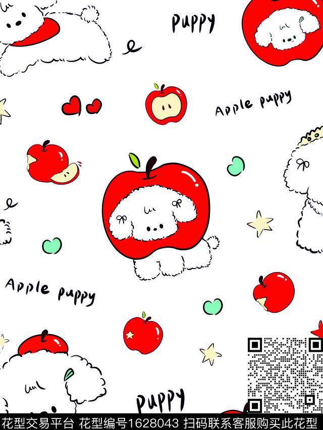 卡通动物狗苹果传统印花花型下载（图片编号: 1628043） - 瓦栏（Walan）