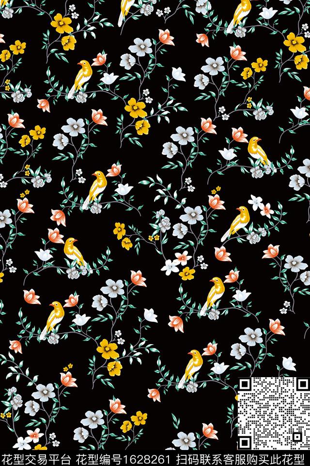 小碎花手绘花鸟数码印花花型下载（图片编号: 1628261） - 瓦栏（Walan）