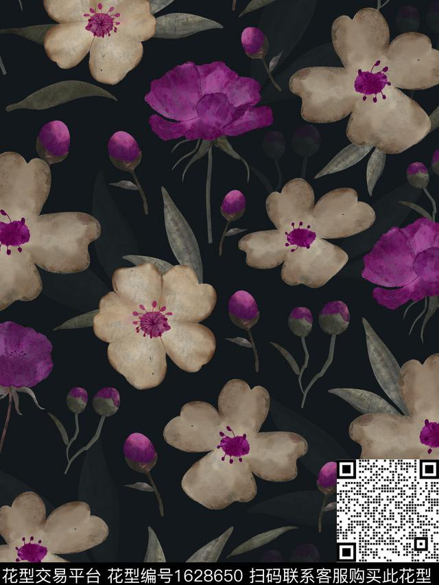 黑底花卉水彩花卉中老年数码印花花型下载（图片编号: 1628650） - 瓦栏（Walan）