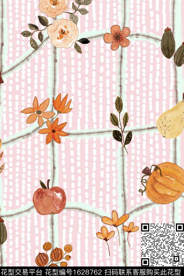 花卉格子插画风数码印花花型下载（图片编号: 1628762） - 瓦栏（Walan）