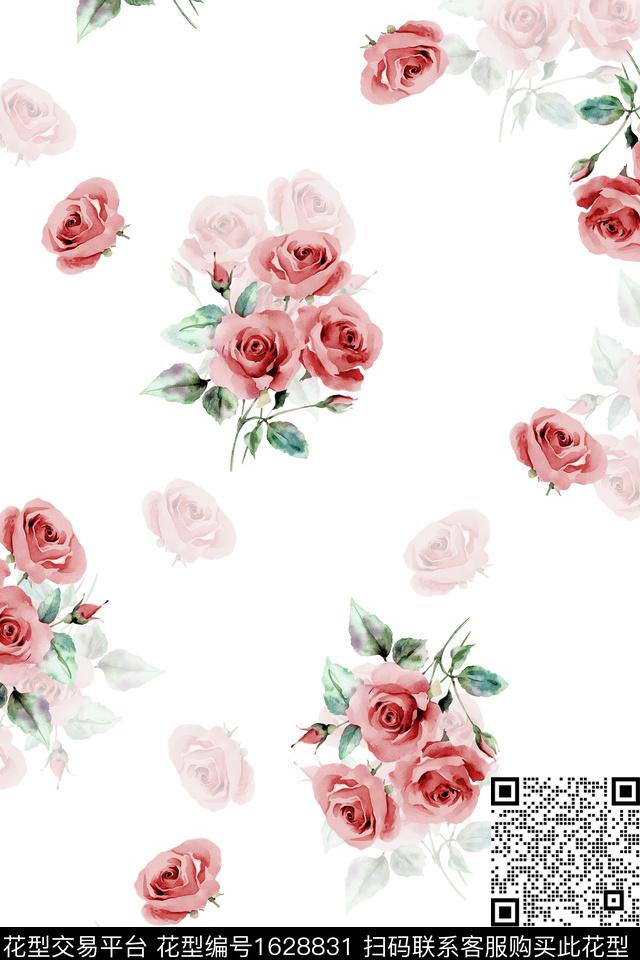 花卉水彩花卉白底花数码印花花型下载（图片编号: 1628831） - 瓦栏（Walan）