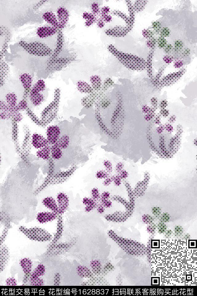 花卉水彩笔触数码印花花型下载（图片编号: 1628837） - 瓦栏（Walan）