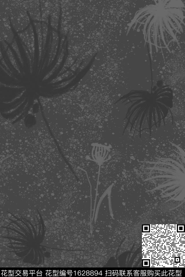 黑白热带叶子数码印花花型下载（图片编号: 1628894） - 瓦栏（Walan）