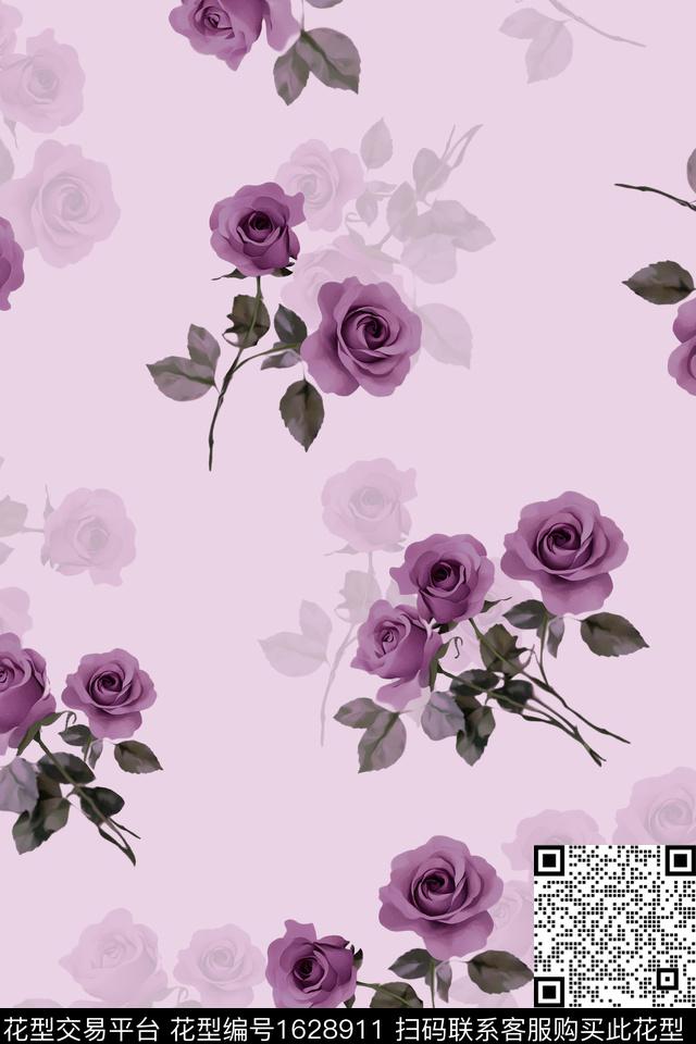 花卉玫瑰花影花数码印花花型下载（图片编号: 1628911） - 瓦栏（Walan）