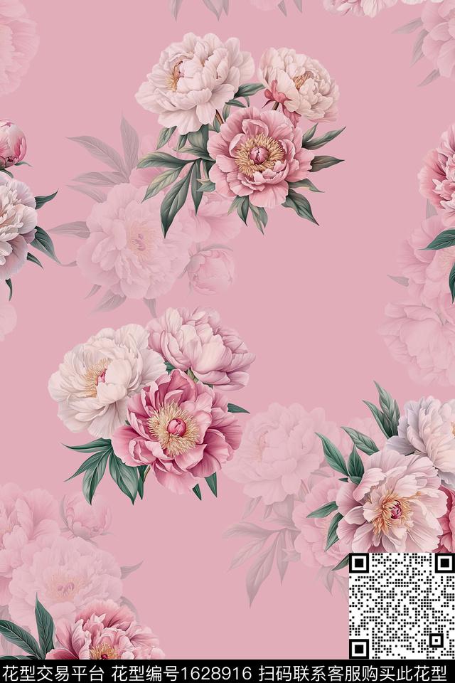 花卉影花花团数码印花花型下载（图片编号: 1628916） - 瓦栏（Walan）