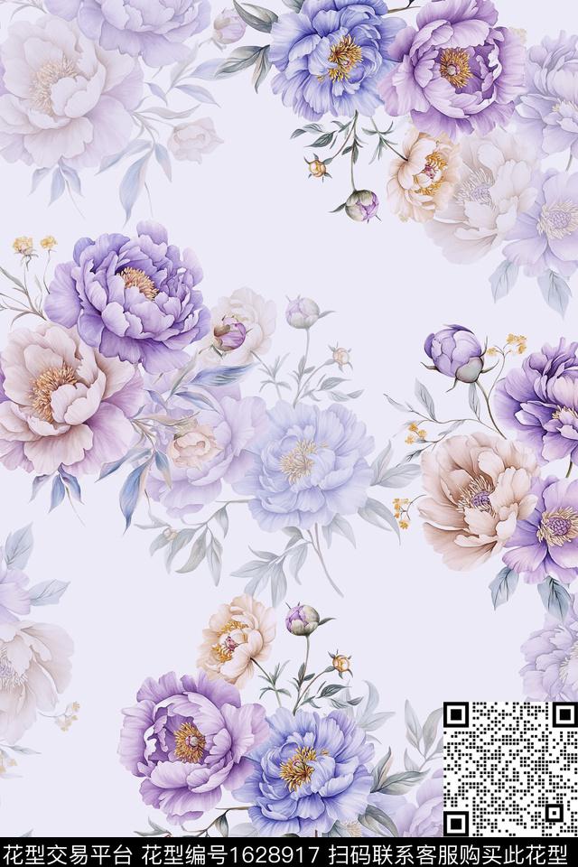 花卉影花花团数码印花花型下载（图片编号: 1628917） - 瓦栏（Walan）