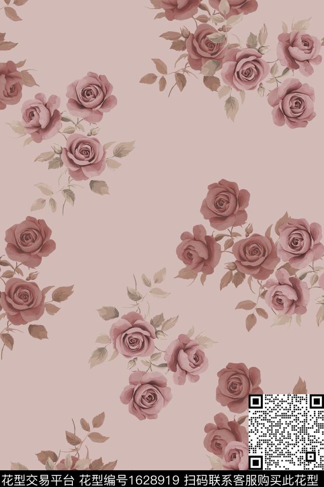 花卉玫瑰花复古数码印花花型下载（图片编号: 1628919） - 瓦栏（Walan）