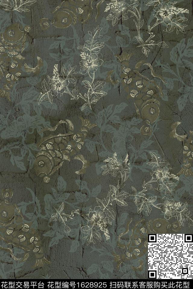 鱼大理石描边花卉数码印花花型下载（图片编号: 1628925） - 瓦栏（Walan）