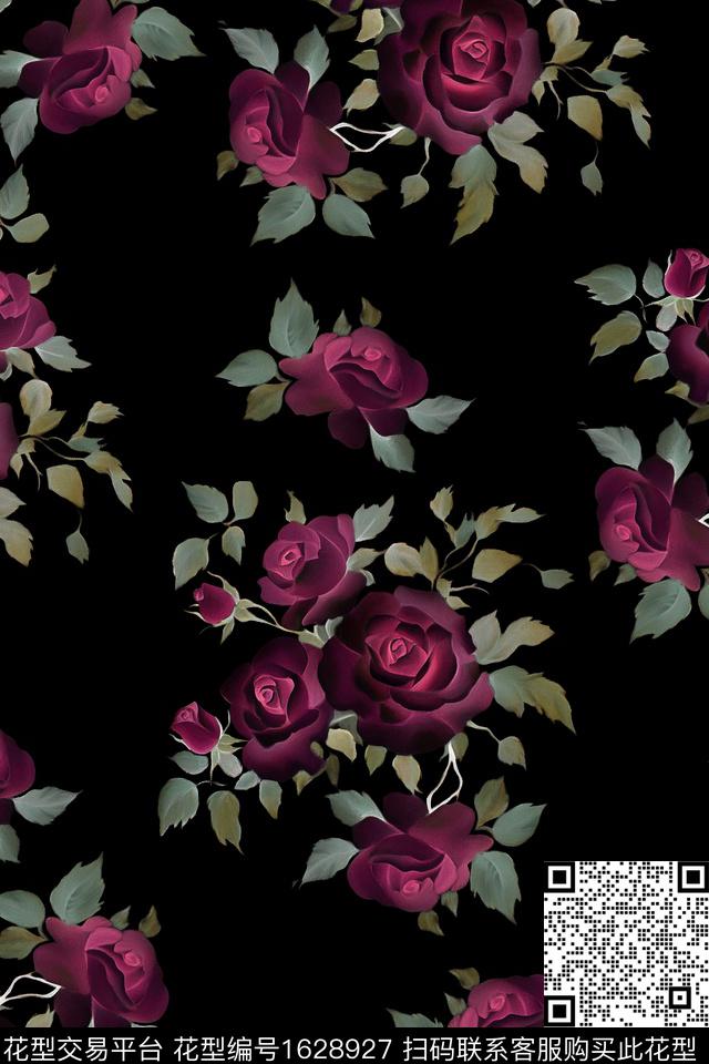 花卉黑底花卉手绘花卉数码印花花型下载（图片编号: 1628927） - 瓦栏（Walan）