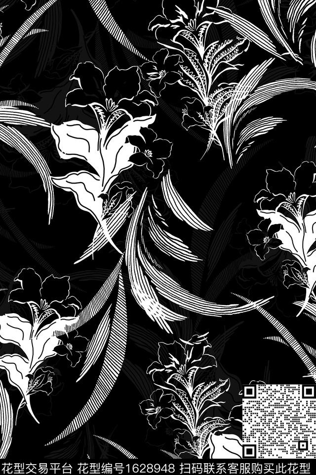 黑底花卉花卉黑白花型数码印花花型下载（图片编号: 1628948） - 瓦栏（Walan）