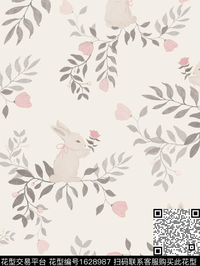 兔子小清新花卉数码印花花型下载（图片编号: 1628987） - 瓦栏（Walan）