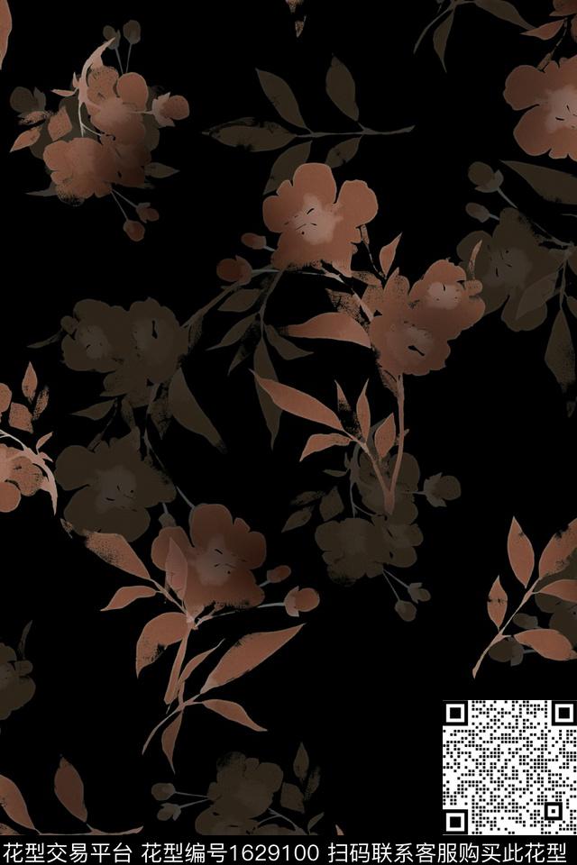 花卉黑底花卉影花数码印花花型下载（图片编号: 1629100） - 瓦栏（Walan）