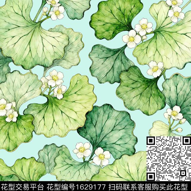 花卉绿色水彩花卉数码印花花型下载（图片编号: 1629177） - 瓦栏（Walan）