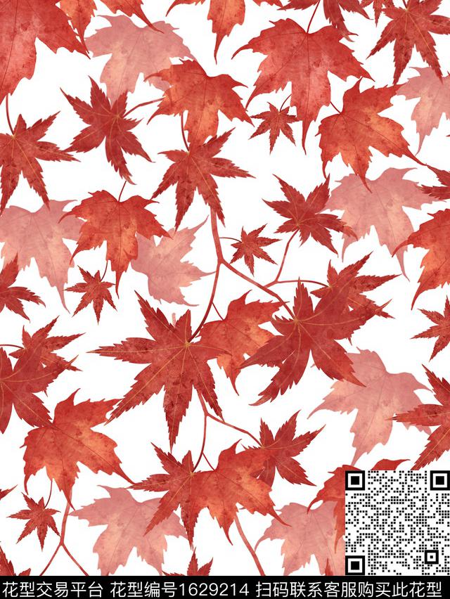 植物枫叶窗帘数码印花花型下载（图片编号: 1629214） - 瓦栏（Walan）