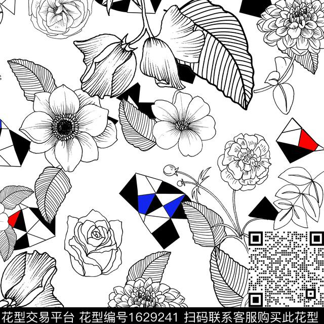 花卉几何线条花卉数码印花花型下载（图片编号: 1629241） - 瓦栏（Walan）