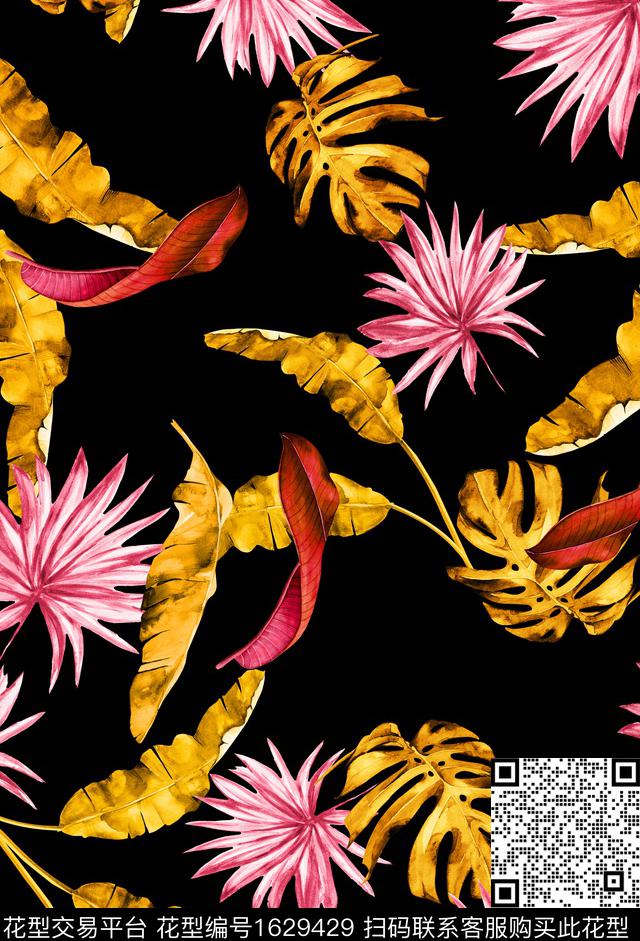 水彩热带黑底数码印花花型下载（图片编号: 1629429） - 瓦栏（Walan）