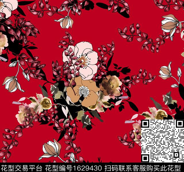 复古花卉水彩花卉数码印花花型下载（图片编号: 1629430） - 瓦栏（Walan）