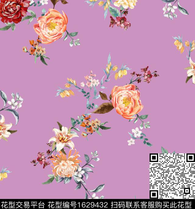 清爽花卉水彩花卉数码印花花型下载（图片编号: 1629432） - 瓦栏（Walan）