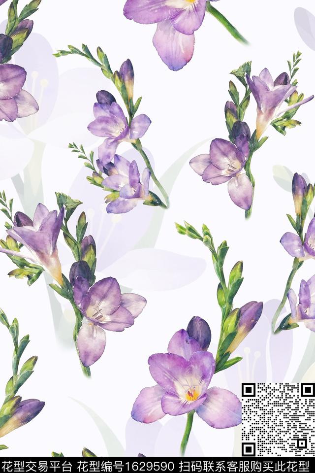年轻女装水彩花卉影花数码印花花型下载（图片编号: 1629590） - 瓦栏（Walan）