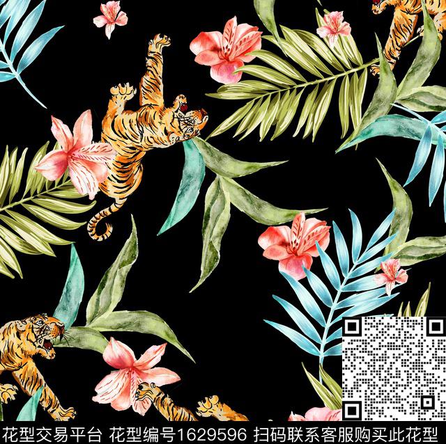 老虎花卉水彩数码印花花型下载（图片编号: 1629596） - 瓦栏（Walan）