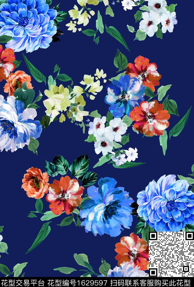 水彩花卉花卉深蓝色背景数码印花花型下载（图片编号: 1629597） - 瓦栏（Walan）